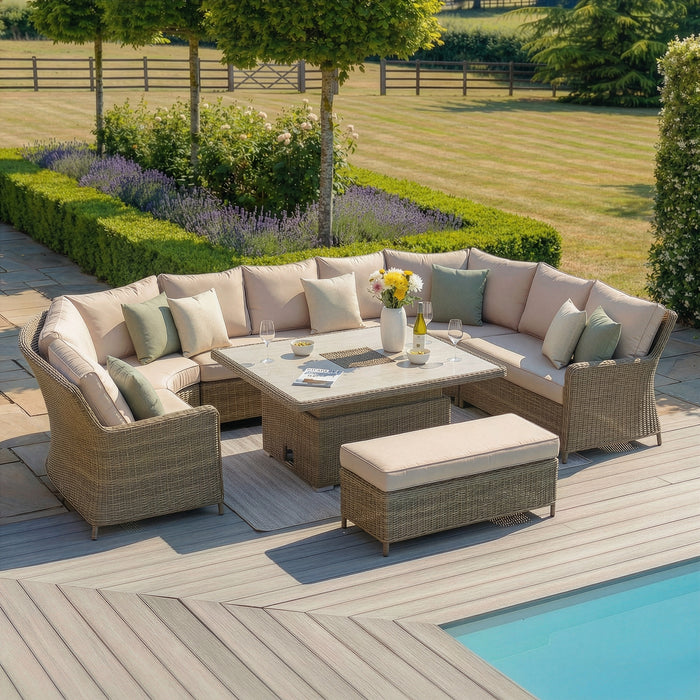 Winchester Royal U-Shaped Rattan Sofa Set with Rising Table - Ceramic Glass