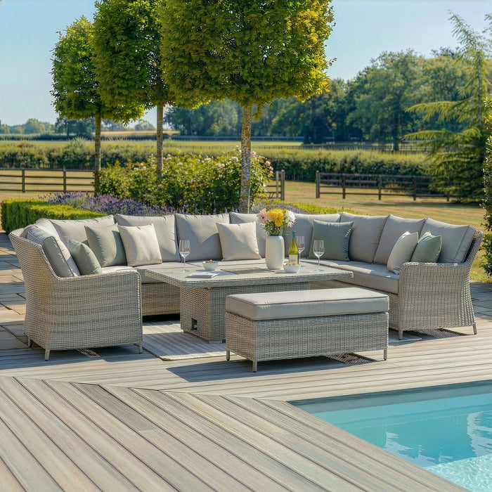 Oxford Royal U-Shaped Rattan Sofa Set with Rising Table - Ceramic Glass