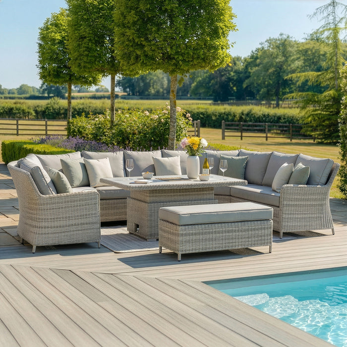 Oxford Royal U-Shaped Rattan Sofa Set with Rising Table - Ceramic Glass