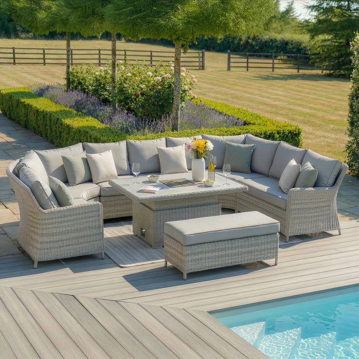 Oxford Royal U-Shaped Rattan Sofa Set with Rising Table - Ceramic Glass