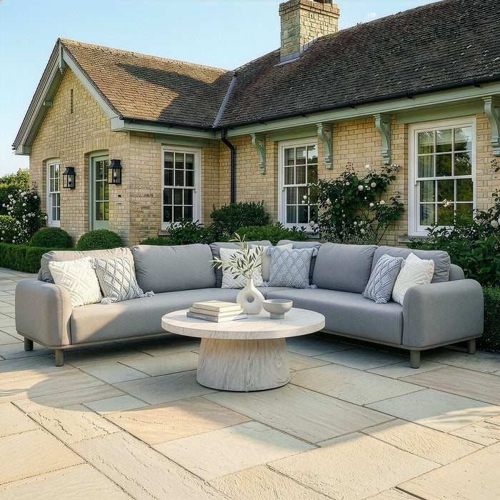 Outdoor Fabric Sicily Corner Sofa Set with Round Marble Effect Coffee Table - Café