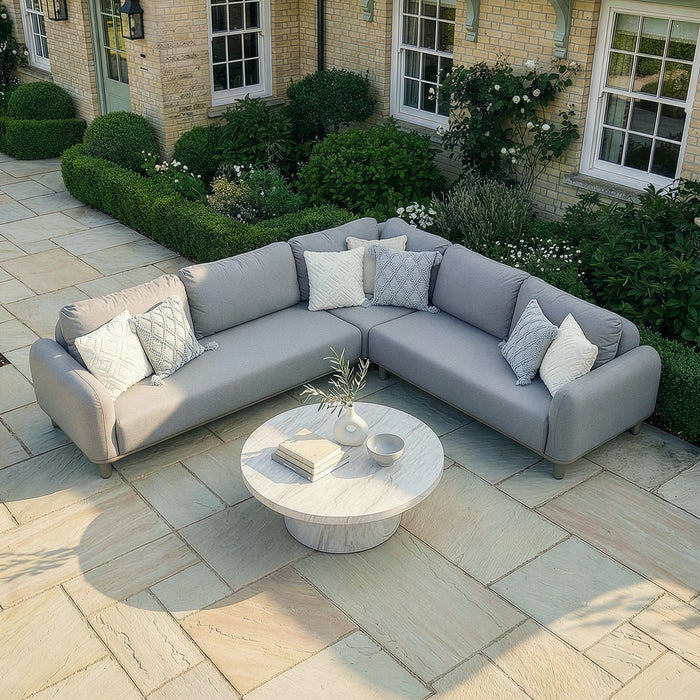 Outdoor Fabric Sicily Corner Sofa Set with Round Marble Effect Coffee Table - CafÃ©