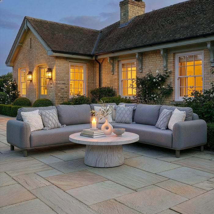Outdoor Fabric Sicily Corner Sofa Set with Round Marble Effect Coffee Table - CafÃ©