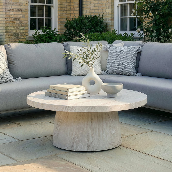 Outdoor Fabric Sicily Corner Sofa Set with Round Marble Effect Coffee Table - CafÃ©