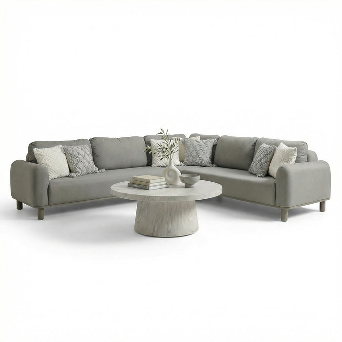Outdoor Fabric Sicily Corner Sofa Set with Round Marble Effect Coffee Table - Caf
