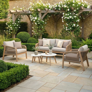 Antigua Rope Weave 2 Seat Sofa Set with 2 Lounge Armchairs & Round Coffee Tables