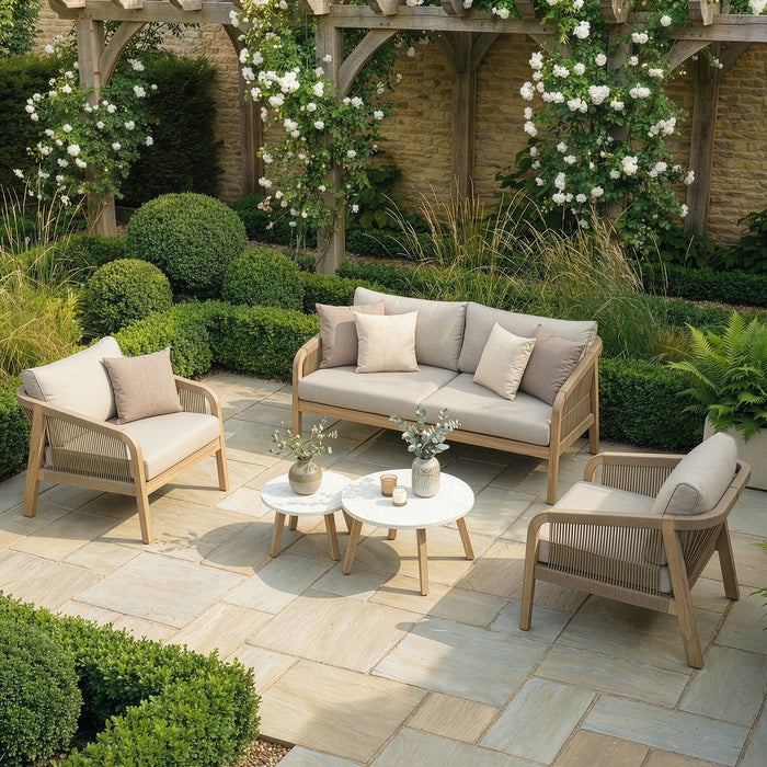 Antigua Rope Weave 2 Seat Sofa Set with 2 Lounge Armchairs & Round Coffee Tables