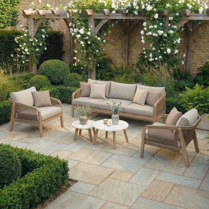 Antigua Rope Weave 3 Seat Sofa Set with 2 Lounge Armchairs & Round Coffee Tables