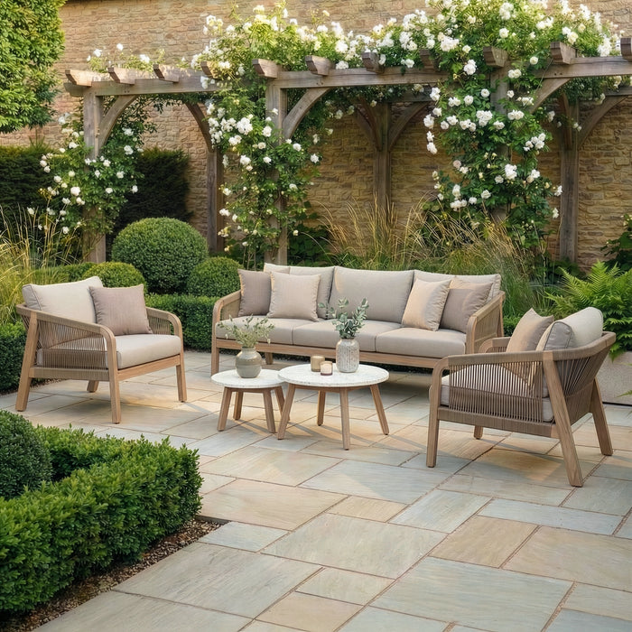 Antigua Rope Weave 3 Seat Sofa Set with 2 Lounge Armchairs & Round Coffee Tables