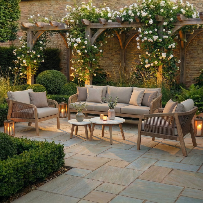 Antigua Rope Weave 3 Seat Sofa Set with 2 Lounge Armchairs & Round Coffee Tables