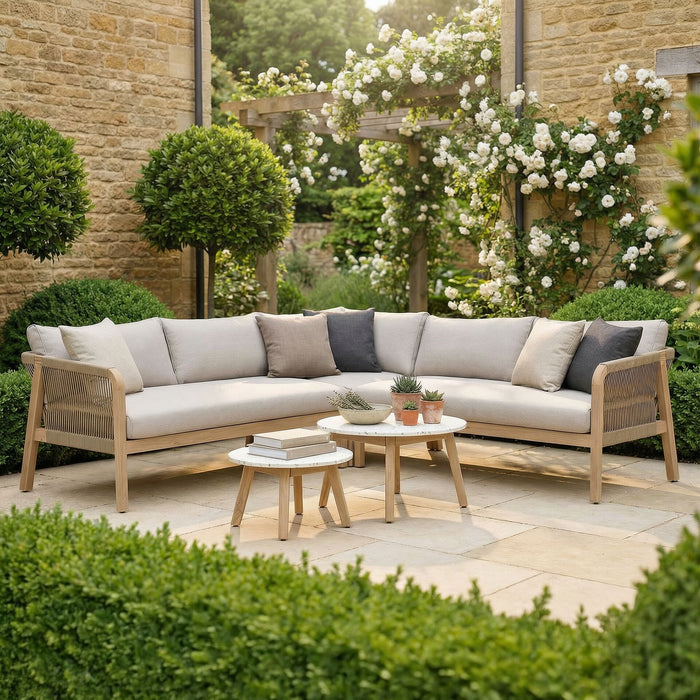 Antigua Rope Weave Corner Sofa Set with 2 Round Coffee Tables - Terrazzo