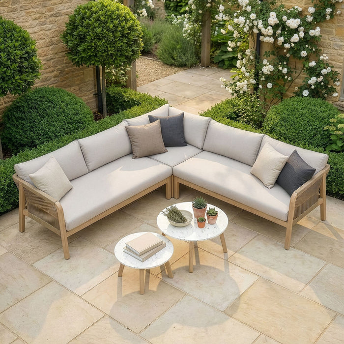 Antigua Rope Weave Corner Sofa Set with 2 Round Coffee Tables - Terrazzo