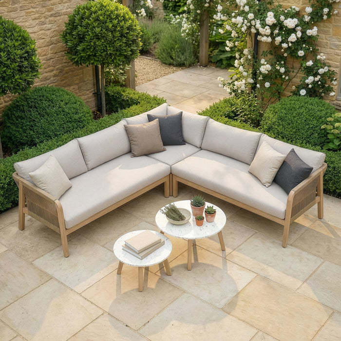 Antigua Rope Weave Corner Sofa Set with 2 Round Coffee Tables - Terrazzo