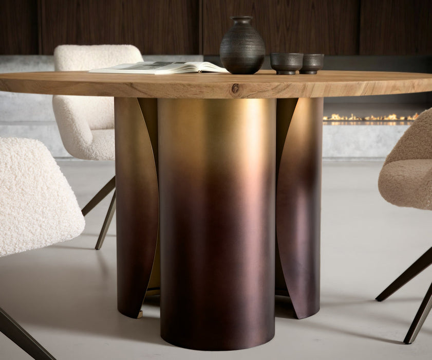 Round Dining Table Adenza 140x140cm Acacia Wood Natural Metal Frame Gold