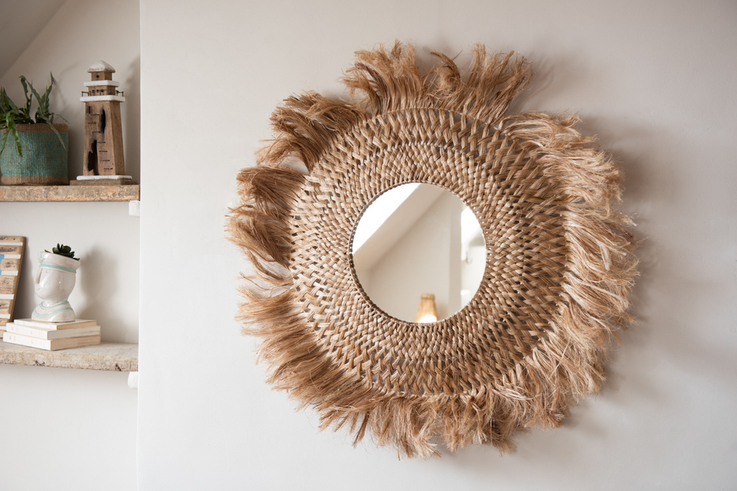 Round Wall Mirror Banana Leaf 90cm Natural