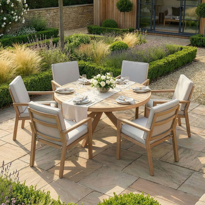 New York 6 Seat Round Aluminium Dining Set - Wood Effect
