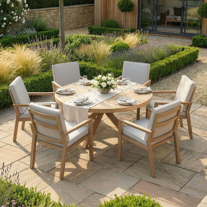 New York 6 Seat Round Aluminium Dining Set - Wood Effect