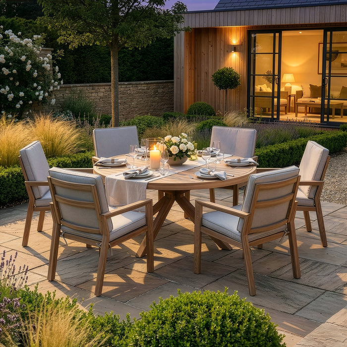 New York 6 Seat Round Aluminium Dining Set - Wood Effect