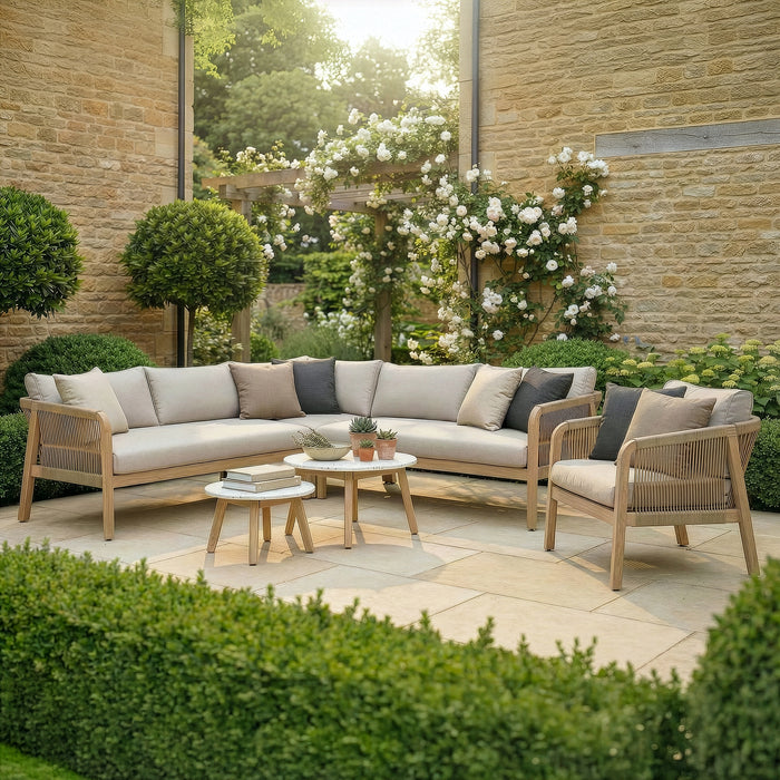 Antigua Rope Weave Corner Sofa Set with Lounge Chair & 2 Round Coffee Tables - Terrazzo