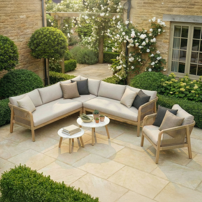 Antigua Rope Weave Corner Sofa Set with Lounge Chair & 2 Round Coffee Tables - Terrazzo