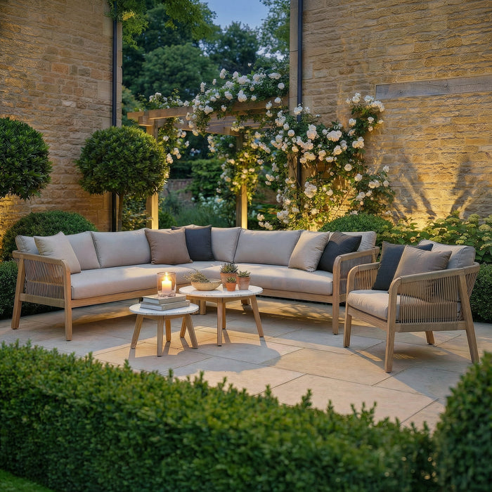 Antigua Rope Weave Corner Sofa Set with Lounge Chair & 2 Round Coffee Tables - Terrazzo
