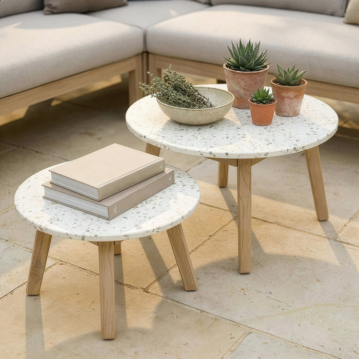 Antigua Rope Weave Corner Sofa Set with Lounge Chair & 2 Round Coffee Tables - Terrazzo
