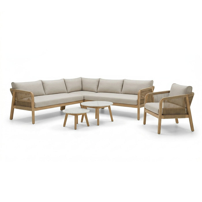 Antigua Rope Weave Corner Sofa Set with Lounge Chair & 2 Round Coffee Tables - Terrazzo