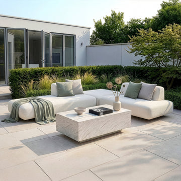 Outdoor Fabric Cannes Small Corner Sofa Set with Rectangular Marble Effect Coffee Table - Pebble