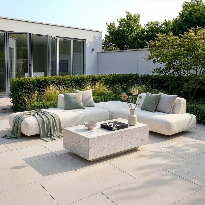 Outdoor Fabric Cannes Small Corner Sofa Set with Rectangular Marble Effect Coffee Table - Pebble