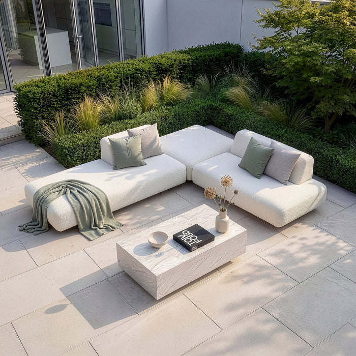 Outdoor Fabric Cannes Small Corner Sofa Set with Rectangular Marble Effect Coffee Table - Pebble