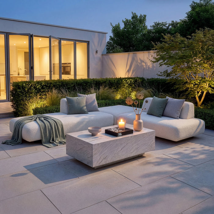 Outdoor Fabric Cannes Small Corner Sofa Set with Rectangular Marble Effect Coffee Table - Pebble