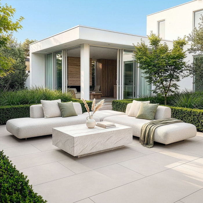 Outdoor Fabric Cannes Medium Corner Sofa Set with Rectangular Marble Effect Coffee Table - Pebble