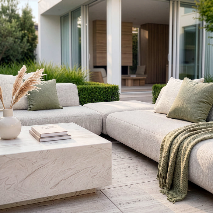 Outdoor Fabric Cannes Medium Corner Sofa Set with Rectangular Marble Effect Coffee Table - Pebble