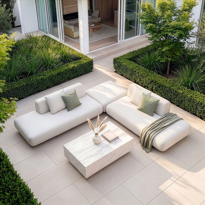 Outdoor Fabric Cannes Medium Corner Sofa Set with Rectangular Marble Effect Coffee Table - Pebble