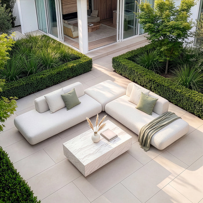Outdoor Fabric Cannes Medium Corner Sofa Set with Rectangular Marble Effect Coffee Table - Pebble