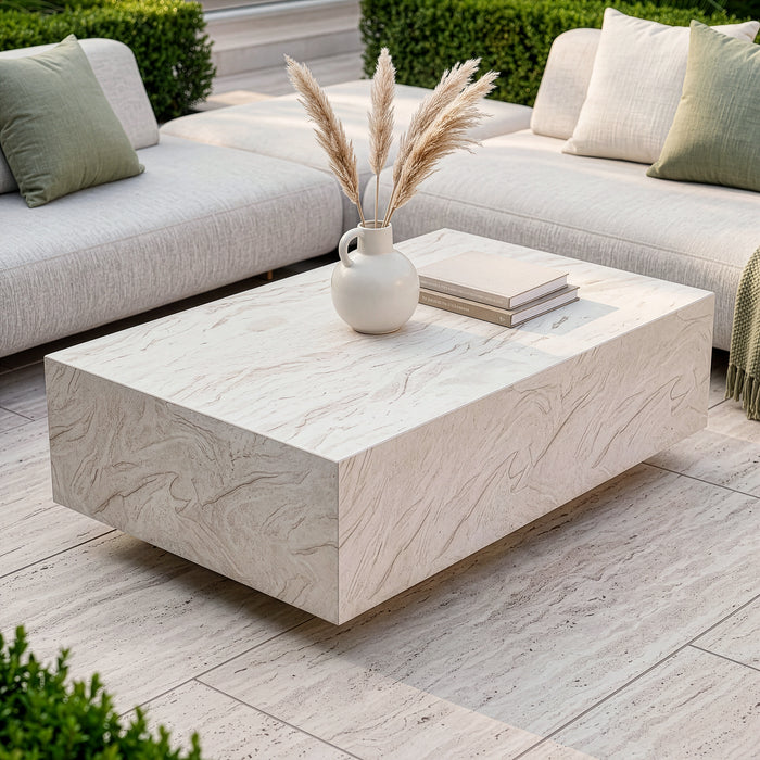 Outdoor Fabric Cannes Medium Corner Sofa Set with Rectangular Marble Effect Coffee Table - Pebble