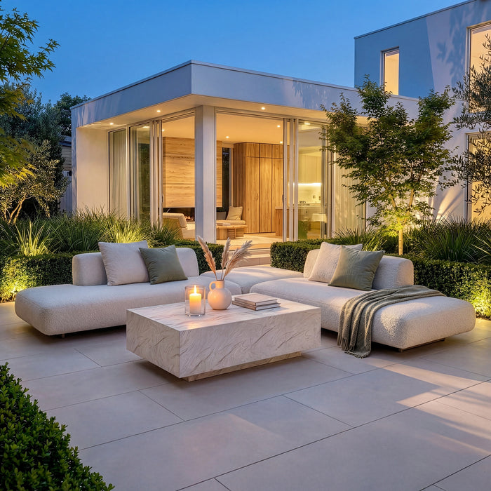 Outdoor Fabric Cannes Medium Corner Sofa Set with Rectangular Marble Effect Coffee Table - Pebble