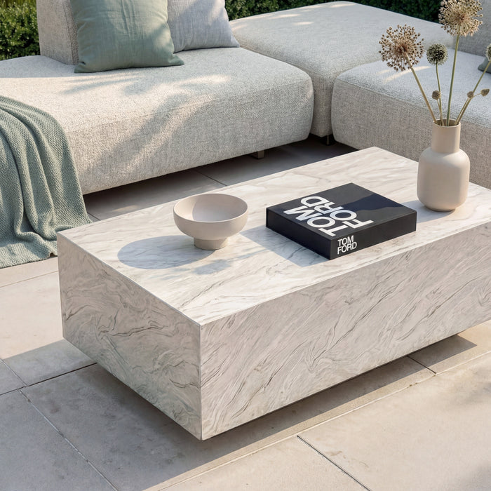 Outdoor Fabric Cannes Small Corner Sofa Set with Rectangular Marble Effect Coffee Table - Pebble