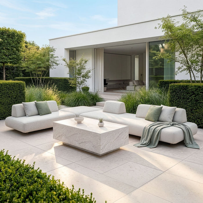 Outdoor Fabric Cannes Large Corner Sofa Set with Rectangular Marble Effect Coffee Table - Pebble