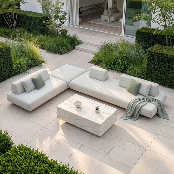 Outdoor Fabric Cannes Large Corner Sofa Set with Rectangular Marble Effect Coffee Table - Pebble