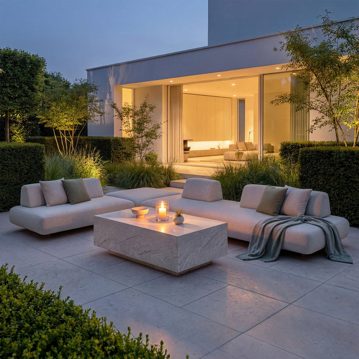 Outdoor Fabric Cannes Large Corner Sofa Set with Rectangular Marble Effect Coffee Table - Pebble
