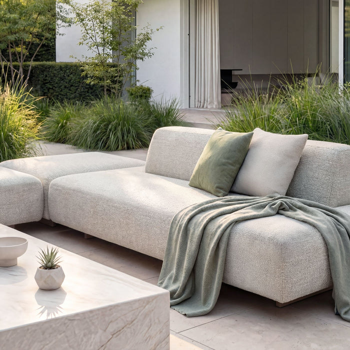 Outdoor Fabric Cannes Large Corner Sofa Set with Rectangular Marble Effect Coffee Table - Pebble