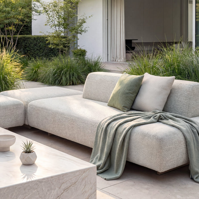 Outdoor Fabric Cannes Large Corner Sofa Set with Rectangular Marble Effect Coffee Table - Pebble