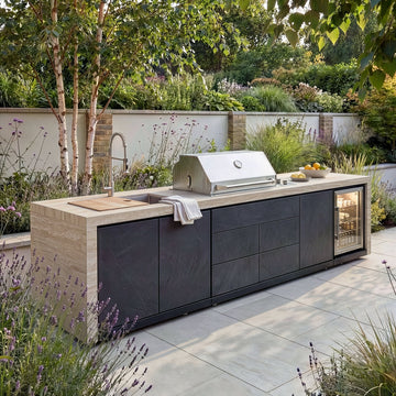 Monarch Linear Outdoor Kitchen with 4 Burner Gas Grill, Sink and Single Fridge