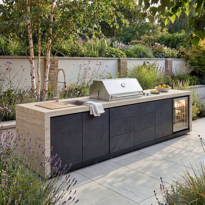 Monarch Linear Outdoor Kitchen with 4 Burner Gas Grill, Sink and Single Fridge