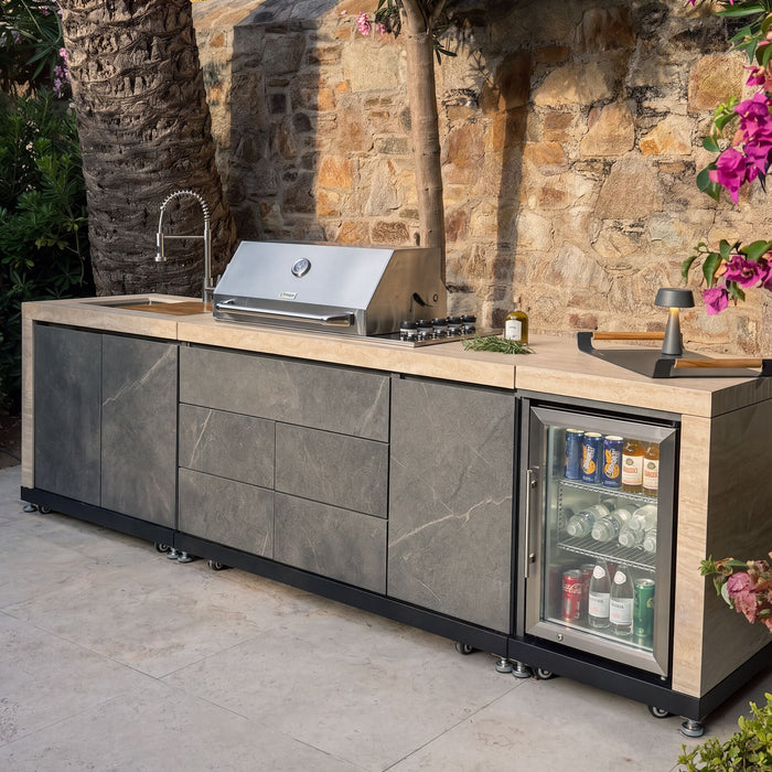 Monarch Linear Outdoor Kitchen with 4 Burner Gas Grill Sink and Single Fridge