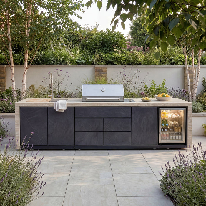 Monarch Linear Outdoor Kitchen with 4 Burner Gas Grill, Sink and Single Fridge