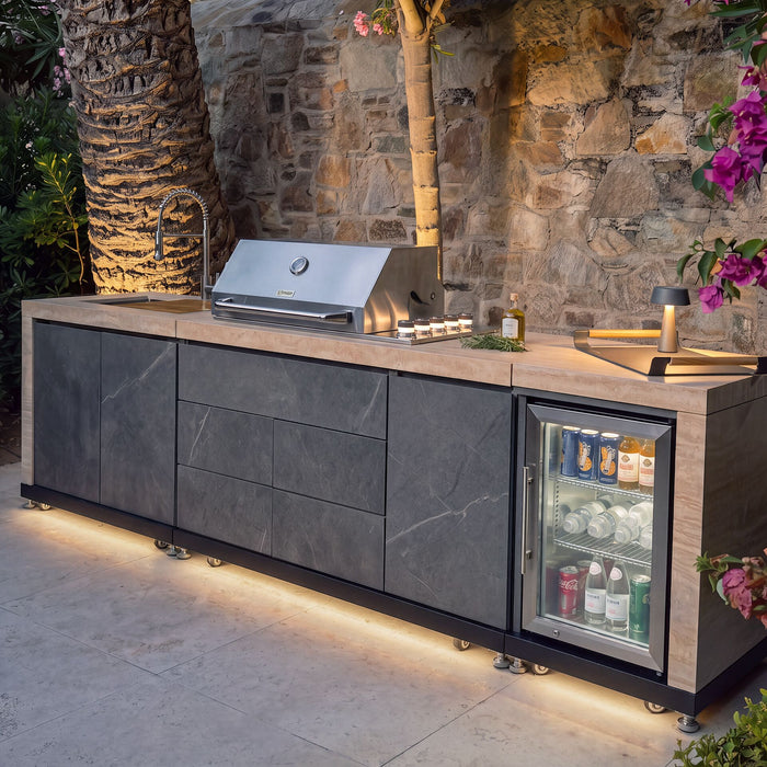 Monarch Linear Outdoor Kitchen with 4 Burner Gas Grill Sink and Single Fridge
