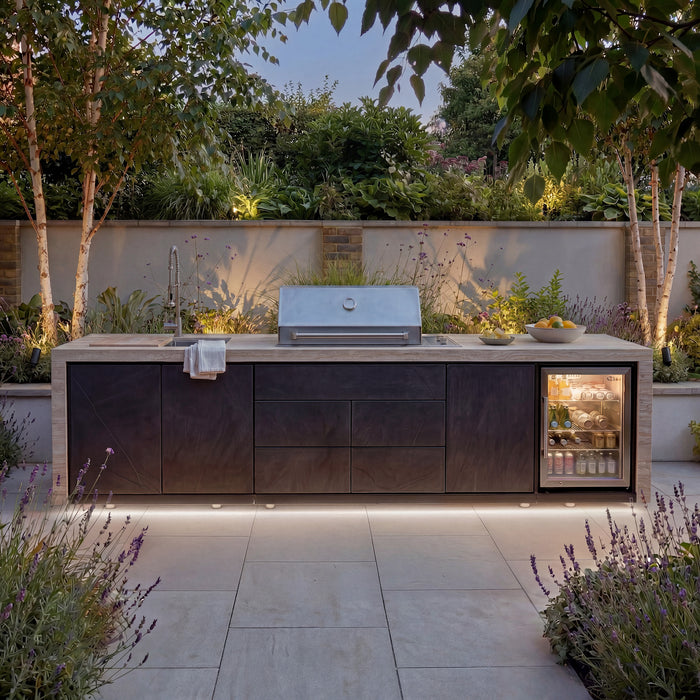 Monarch Linear Outdoor Kitchen with 4 Burner Gas Grill, Sink and Single Fridge