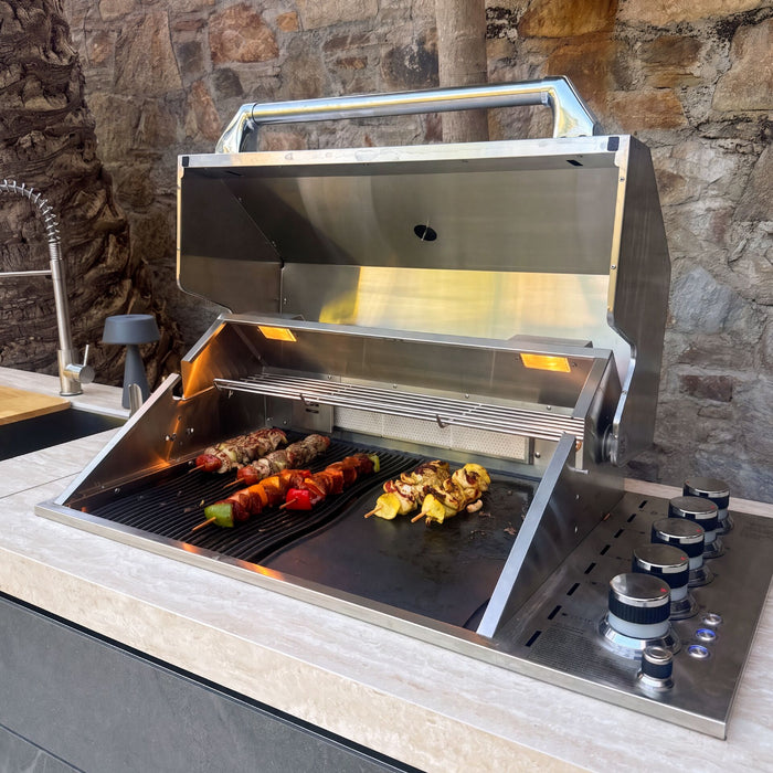 Monarch Linear Outdoor Kitchen with 4 Burner Gas Grill Sink and Single Fridge